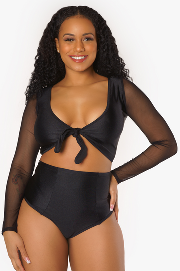 Pedido grupal personalizado de blusa de malla con mangas largas y lazo